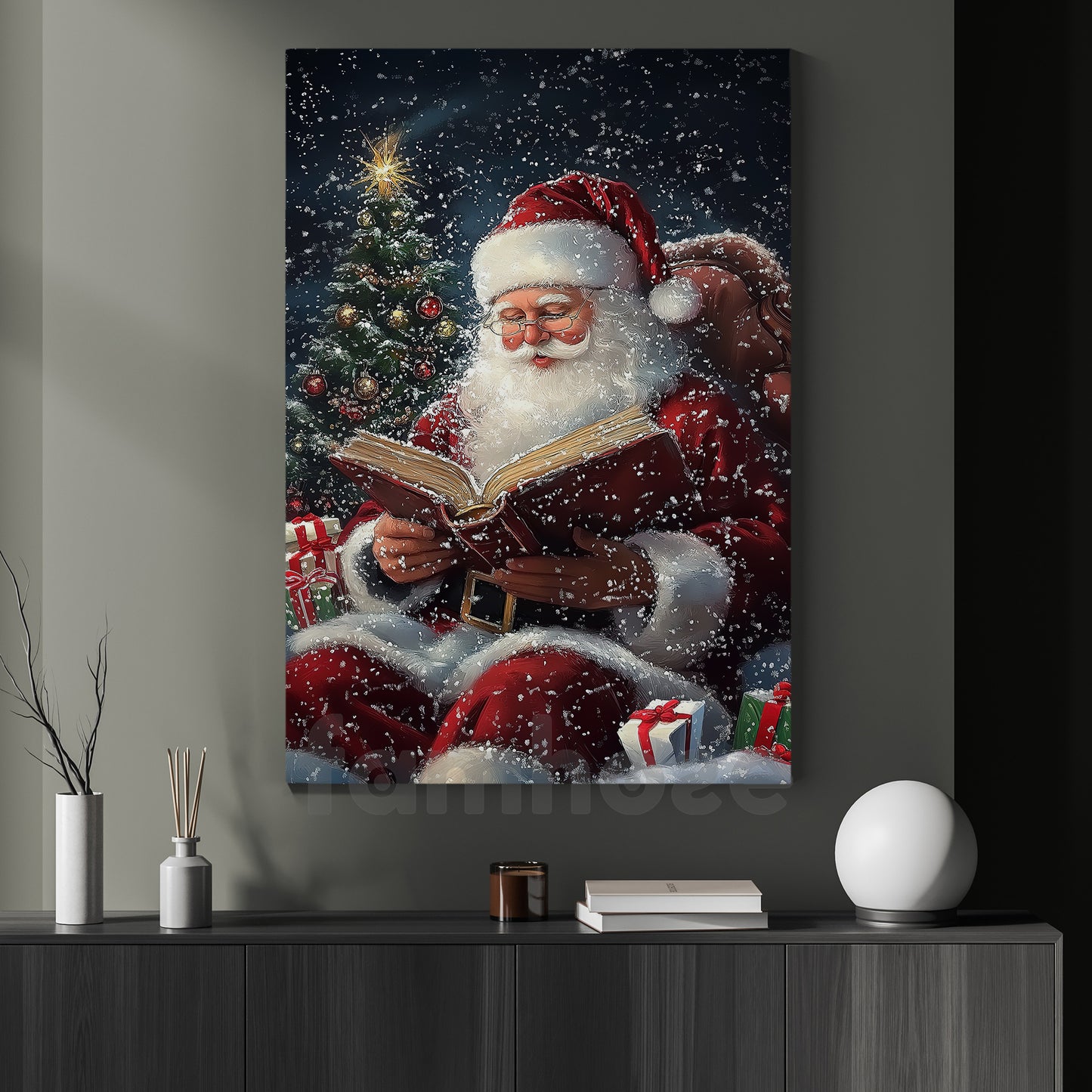 Christmas Book Canvas Painting, Santa Is Reading A Book Wall Art Decor, Xmas Poster Gift For Book Lover