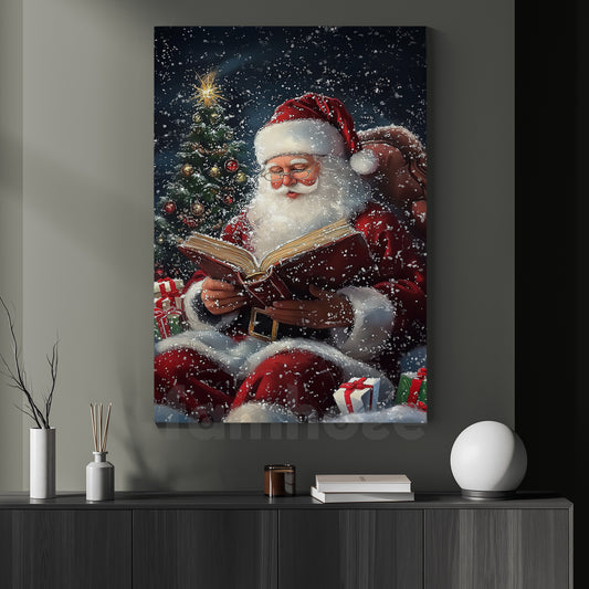 Christmas Book Canvas Painting, Santa Is Reading A Book Wall Art Decor, Xmas Poster Gift For Book Lover