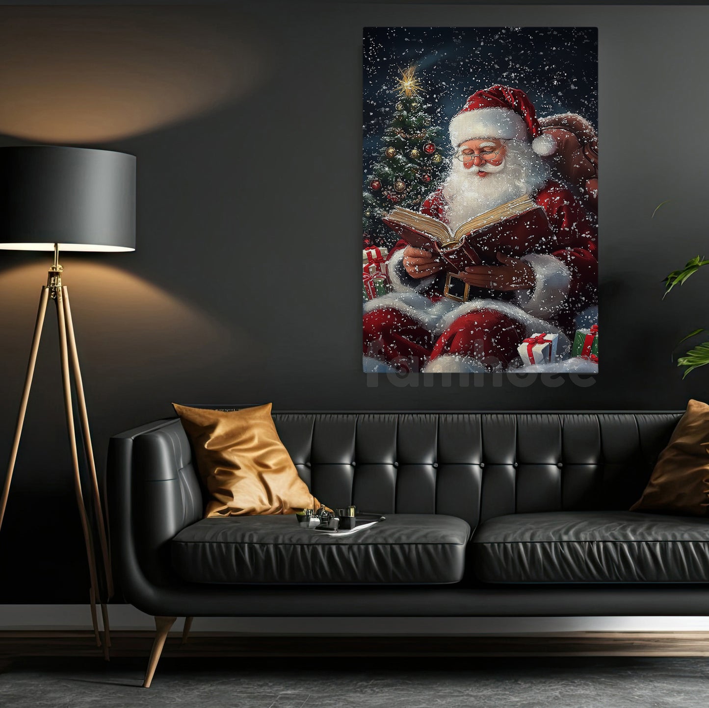 Christmas Book Canvas Painting, Santa Is Reading A Book Wall Art Decor, Xmas Poster Gift For Book Lover