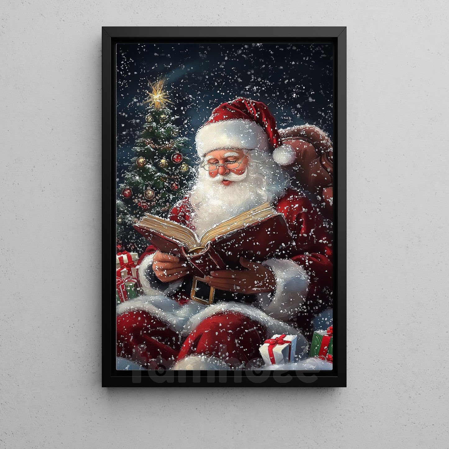 Christmas Book Canvas Painting, Santa Is Reading A Book Wall Art Decor, Xmas Poster Gift For Book Lover