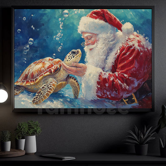 Christmas Turtle Canvas Painting, Santa Claus With Turtle Wall Art Decor, Xmas Poster Gift For Turtle Lover