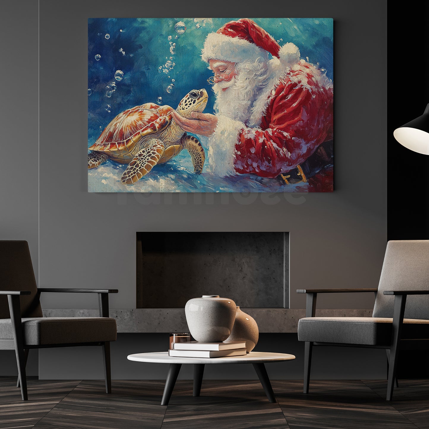 Christmas Turtle Canvas Painting, Santa Claus With Turtle Wall Art Decor, Xmas Poster Gift For Turtle Lover