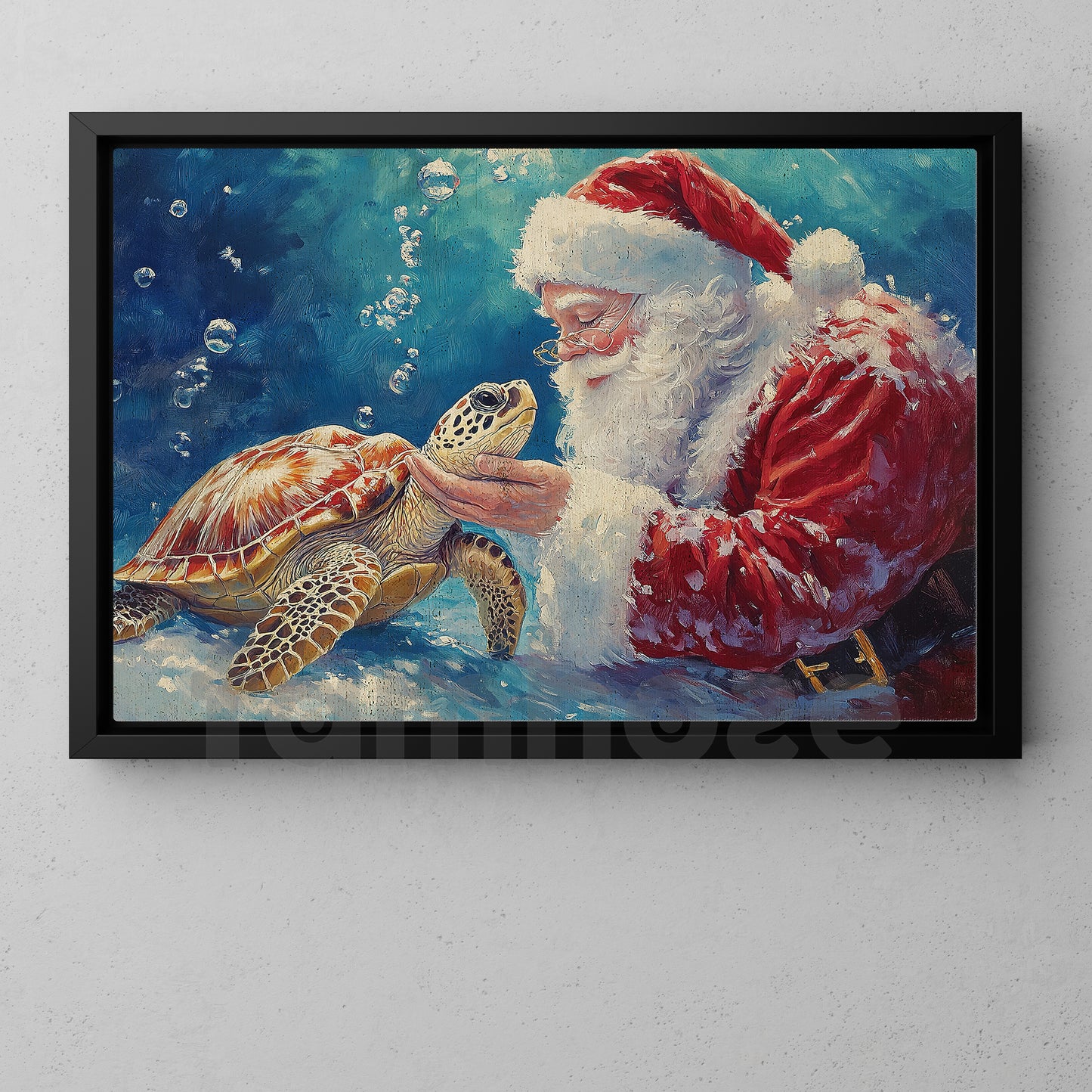 Christmas Turtle Canvas Painting, Santa Claus With Turtle Wall Art Decor, Xmas Poster Gift For Turtle Lover