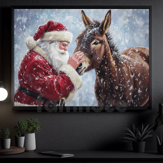Christmas Donkey Canvas Painting, Santa Claus With Donkey Wall Art Decor, Xmas Poster Gift For Donkey Lover