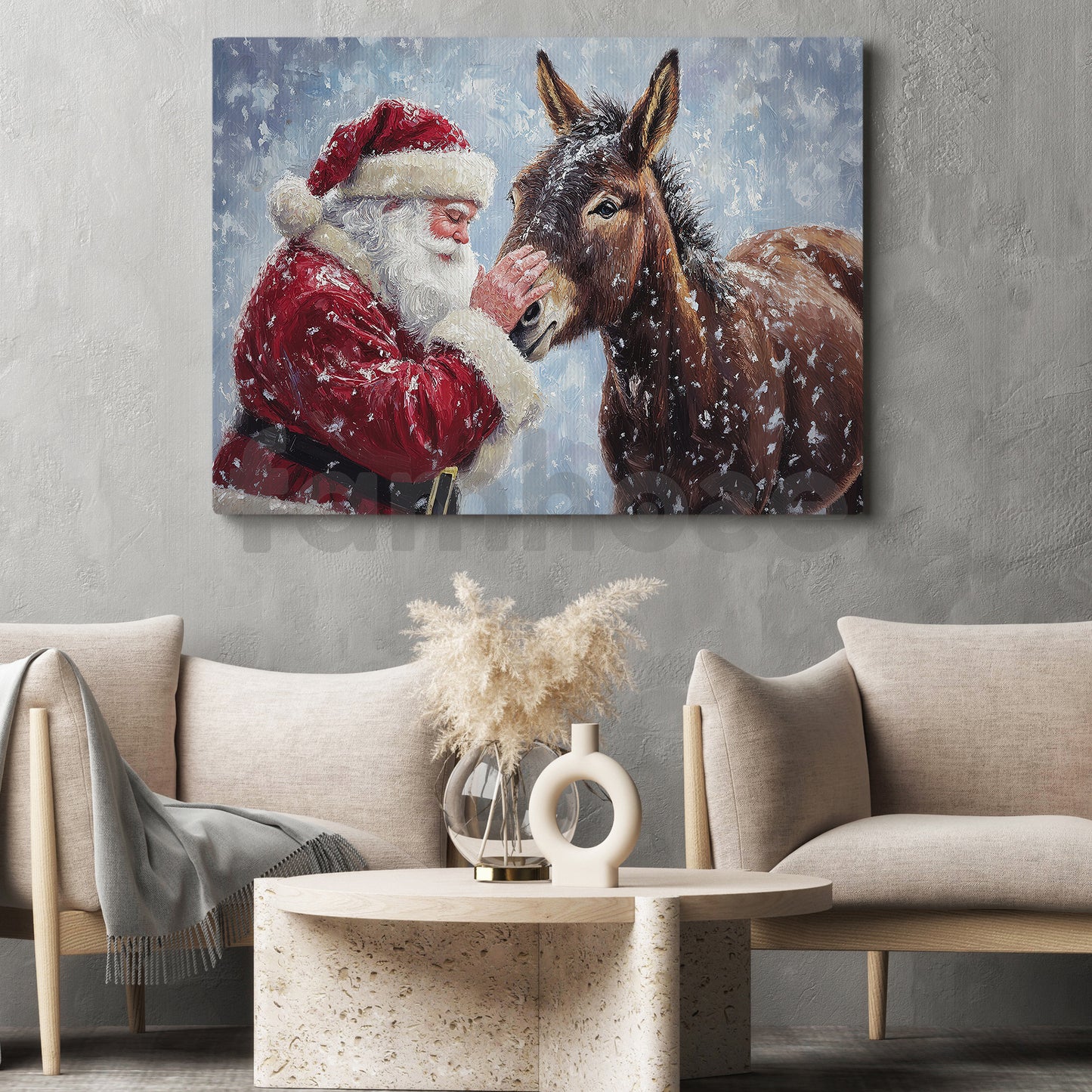 Christmas Donkey Canvas Painting, Santa Claus With Donkey Wall Art Decor, Xmas Poster Gift For Donkey Lover