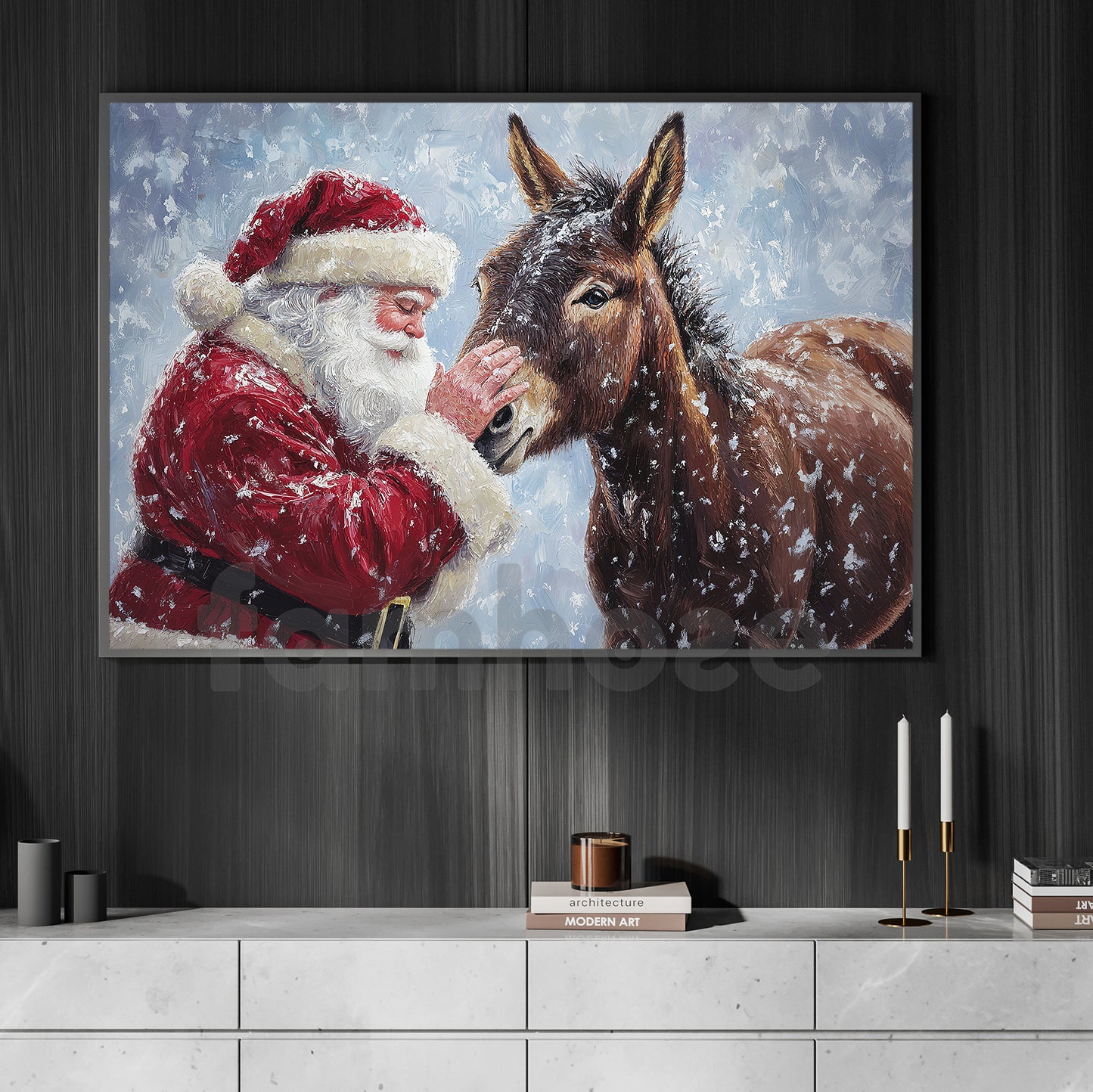 Christmas Donkey Canvas Painting, Santa Claus With Donkey Wall Art Decor, Xmas Poster Gift For Donkey Lover