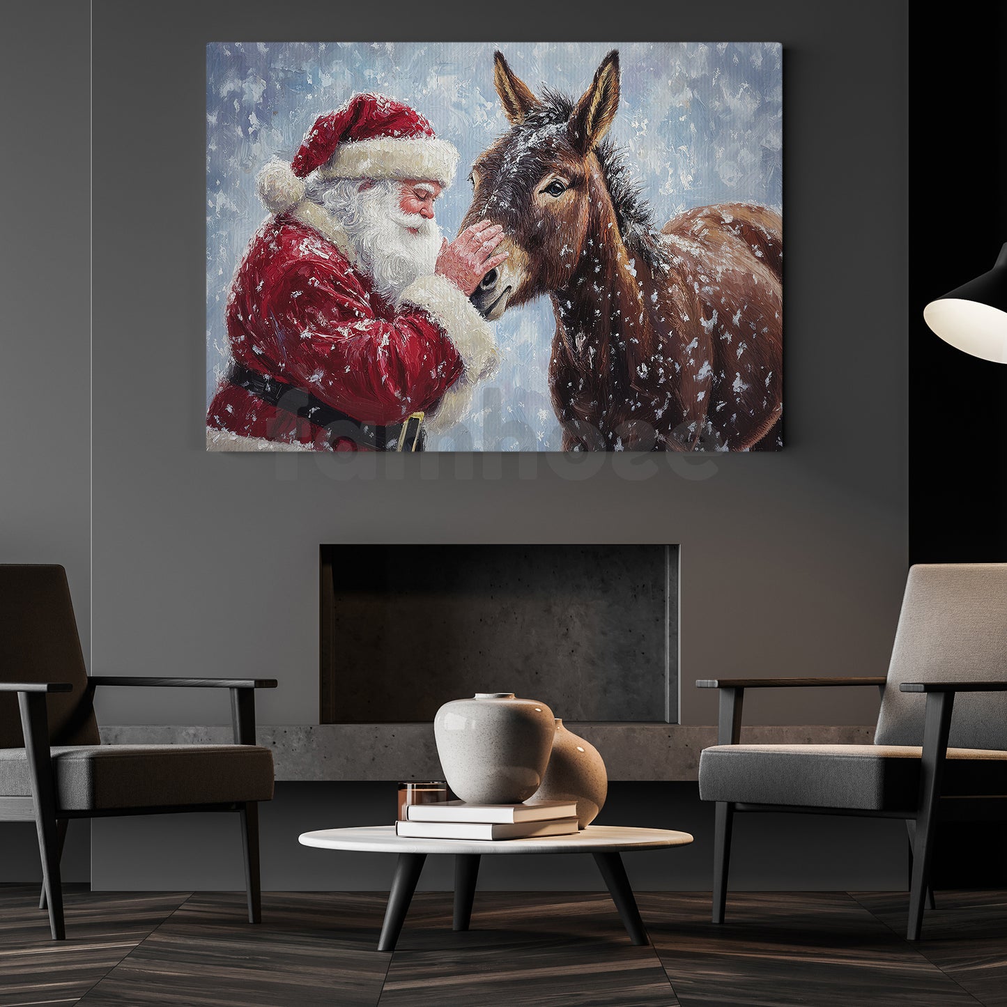 Christmas Donkey Canvas Painting, Santa Claus With Donkey Wall Art Decor, Xmas Poster Gift For Donkey Lover