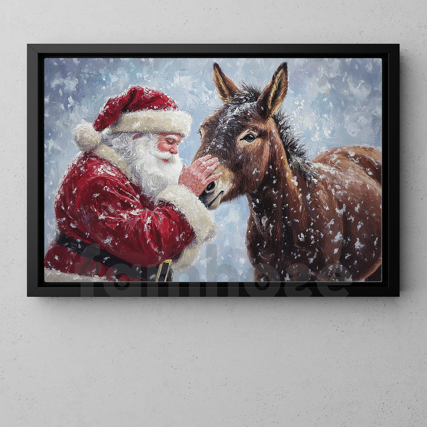 Christmas Donkey Canvas Painting, Santa Claus With Donkey Wall Art Decor, Xmas Poster Gift For Donkey Lover