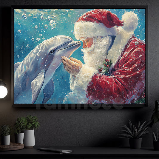 Christmas Dolphin Canvas Painting, Santa Claus And Dolphin Wall Art Decor, Xmas Poster Gift For Dolphin Lover