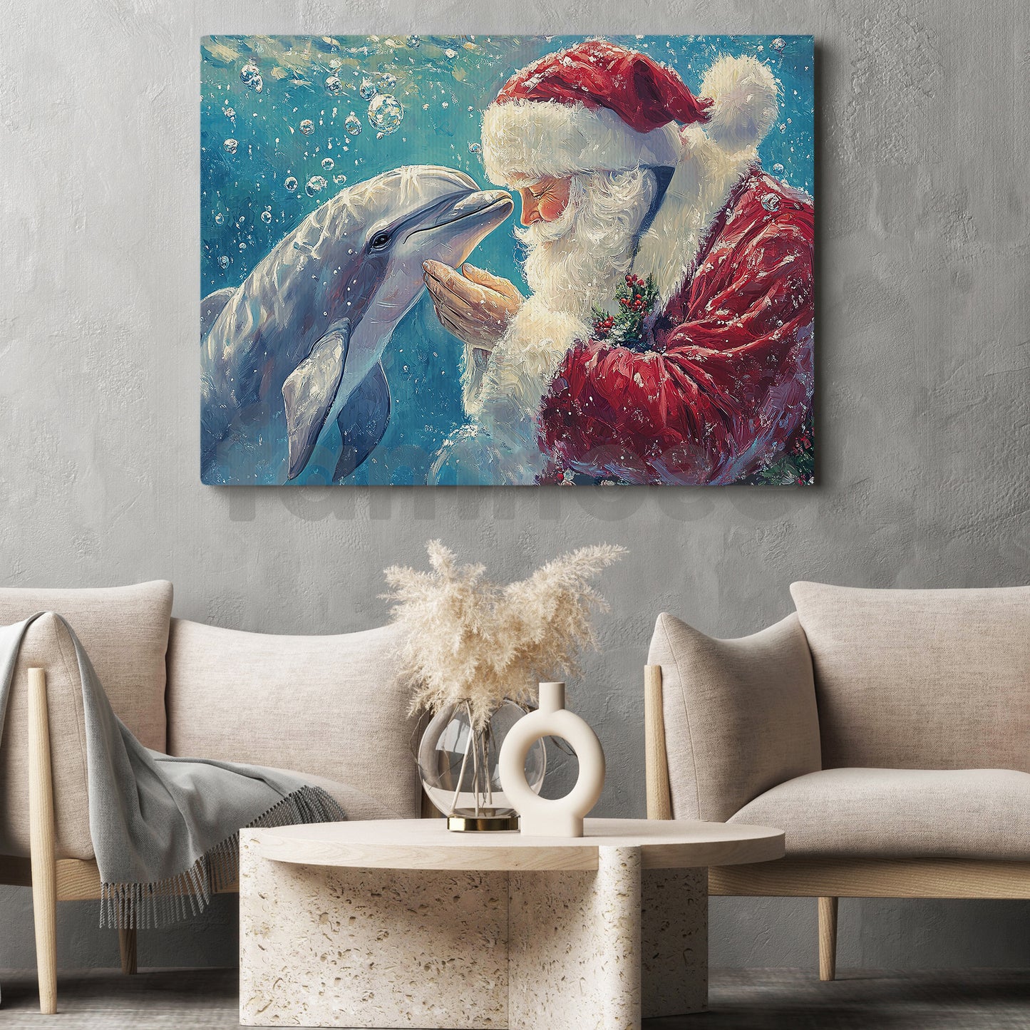 Christmas Dolphin Canvas Painting, Santa Claus And Dolphin Wall Art Decor, Xmas Poster Gift For Dolphin Lover