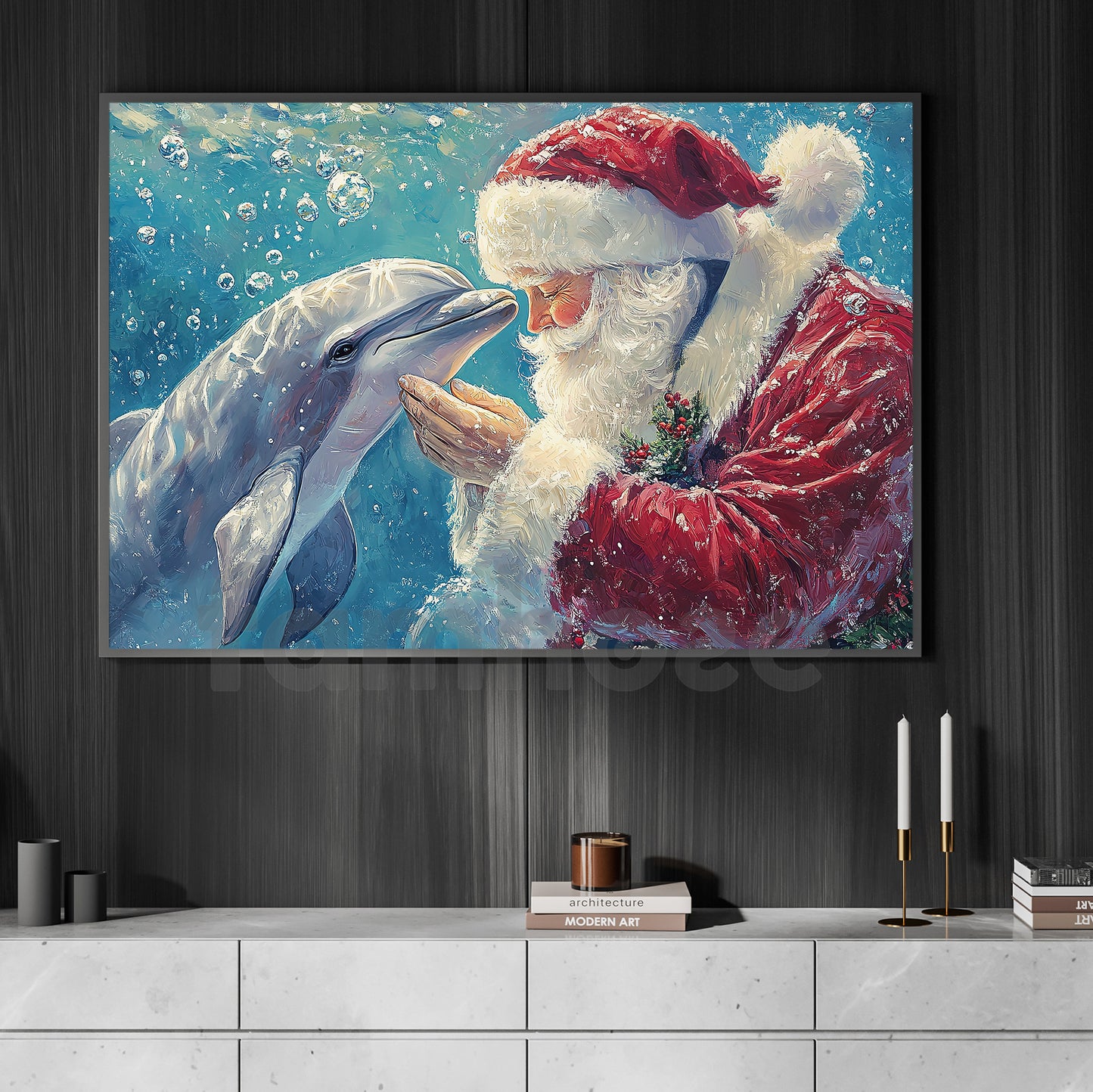Christmas Dolphin Canvas Painting, Santa Claus And Dolphin Wall Art Decor, Xmas Poster Gift For Dolphin Lover