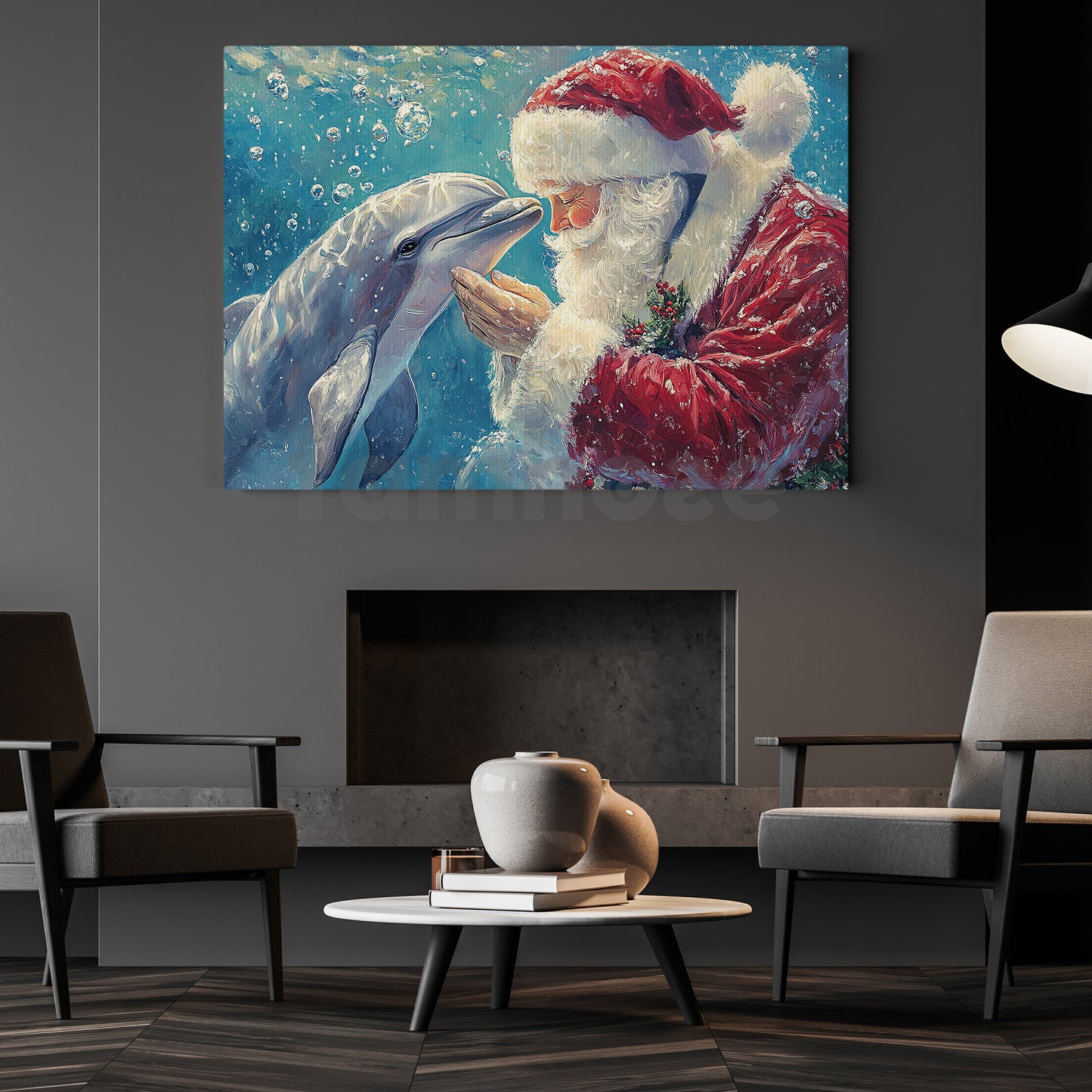 Christmas Dolphin Canvas Painting, Santa Claus And Dolphin Wall Art Decor, Xmas Poster Gift For Dolphin Lover