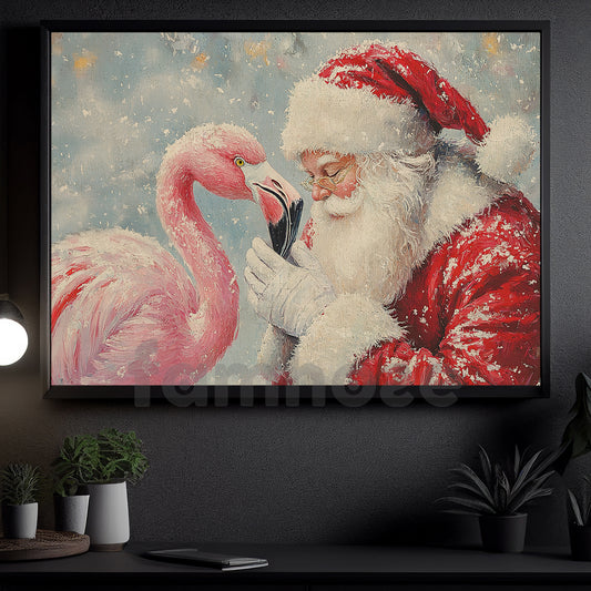 Christmas Flamingo Canvas Painting, Santa Claus With Flamingo Wall Art Decor, Xmas Poster Gift For Flamingo Lover