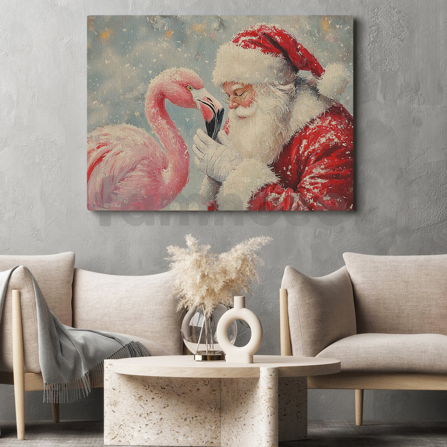 Christmas Flamingo Canvas Painting, Santa Claus With Flamingo Wall Art Decor, Xmas Poster Gift For Flamingo Lover