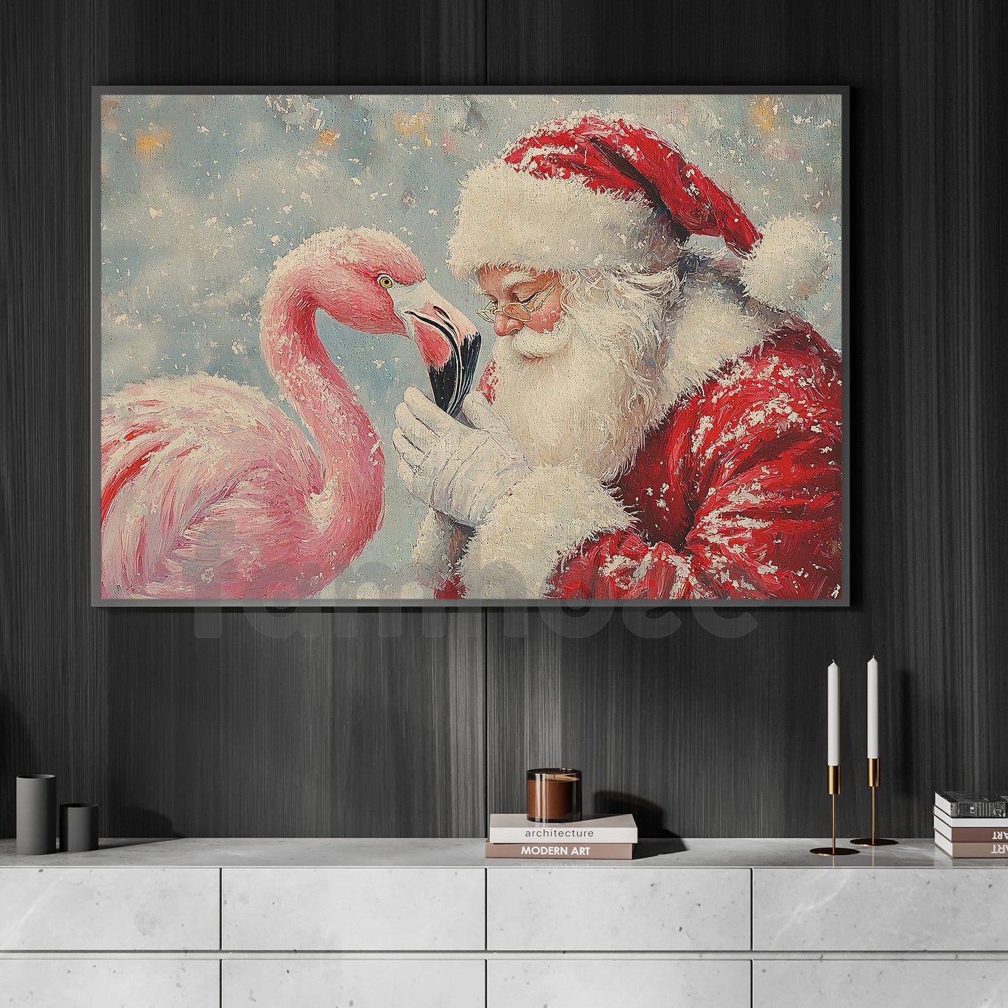 Christmas Flamingo Canvas Painting, Santa Claus With Flamingo Wall Art Decor, Xmas Poster Gift For Flamingo Lover