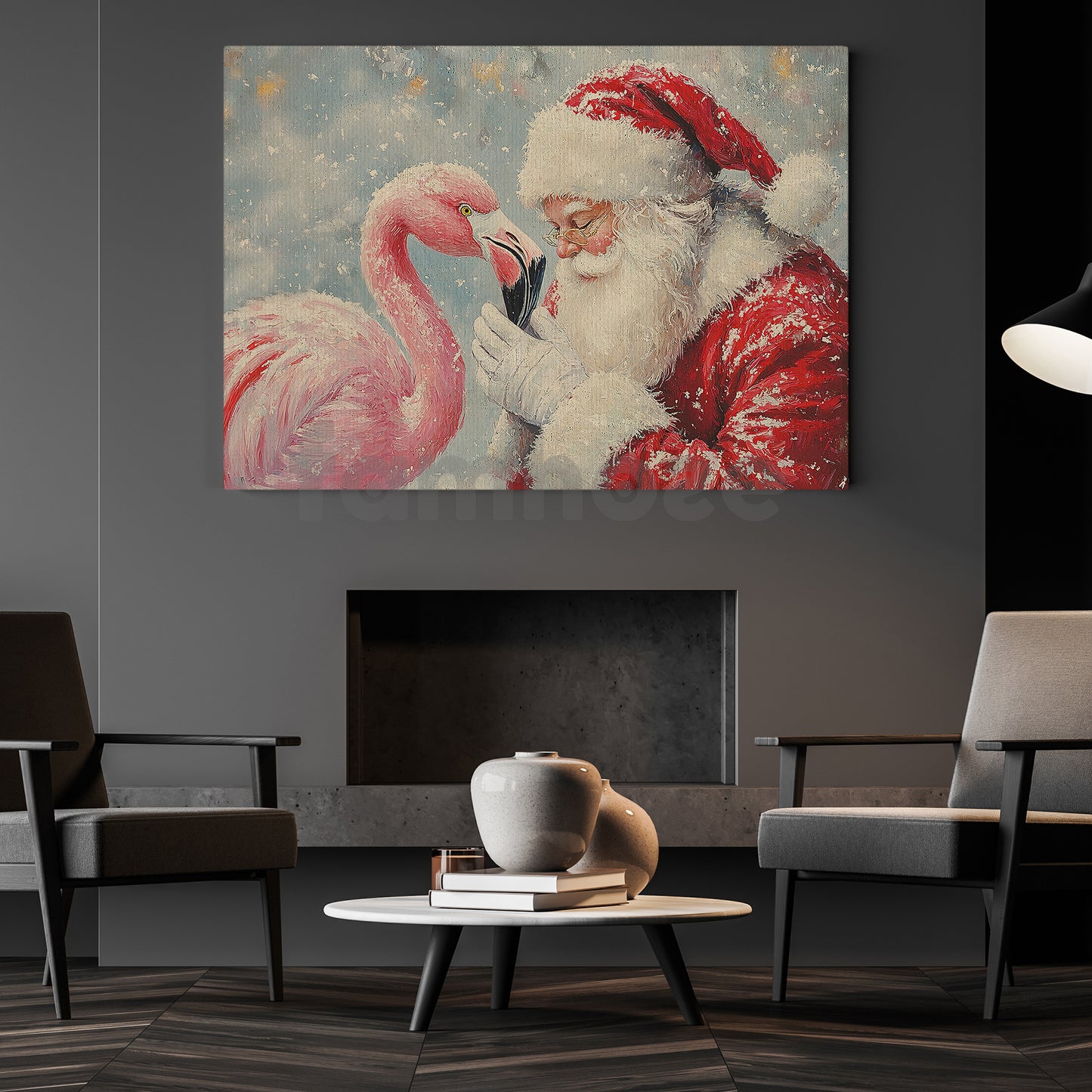 Christmas Flamingo Canvas Painting, Santa Claus With Flamingo Wall Art Decor, Xmas Poster Gift For Flamingo Lover