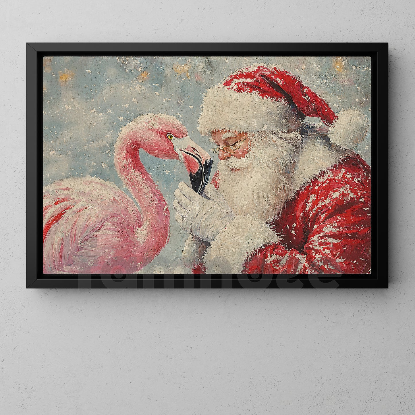 Christmas Flamingo Canvas Painting, Santa Claus With Flamingo Wall Art Decor, Xmas Poster Gift For Flamingo Lover