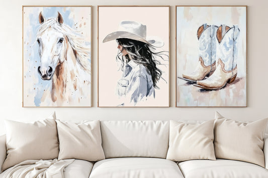 Set Of 3 Cowgirl Canvas Painting, Western Soul, Soft Spirit Wall Art Decor, Poster Gift For Cowgirl