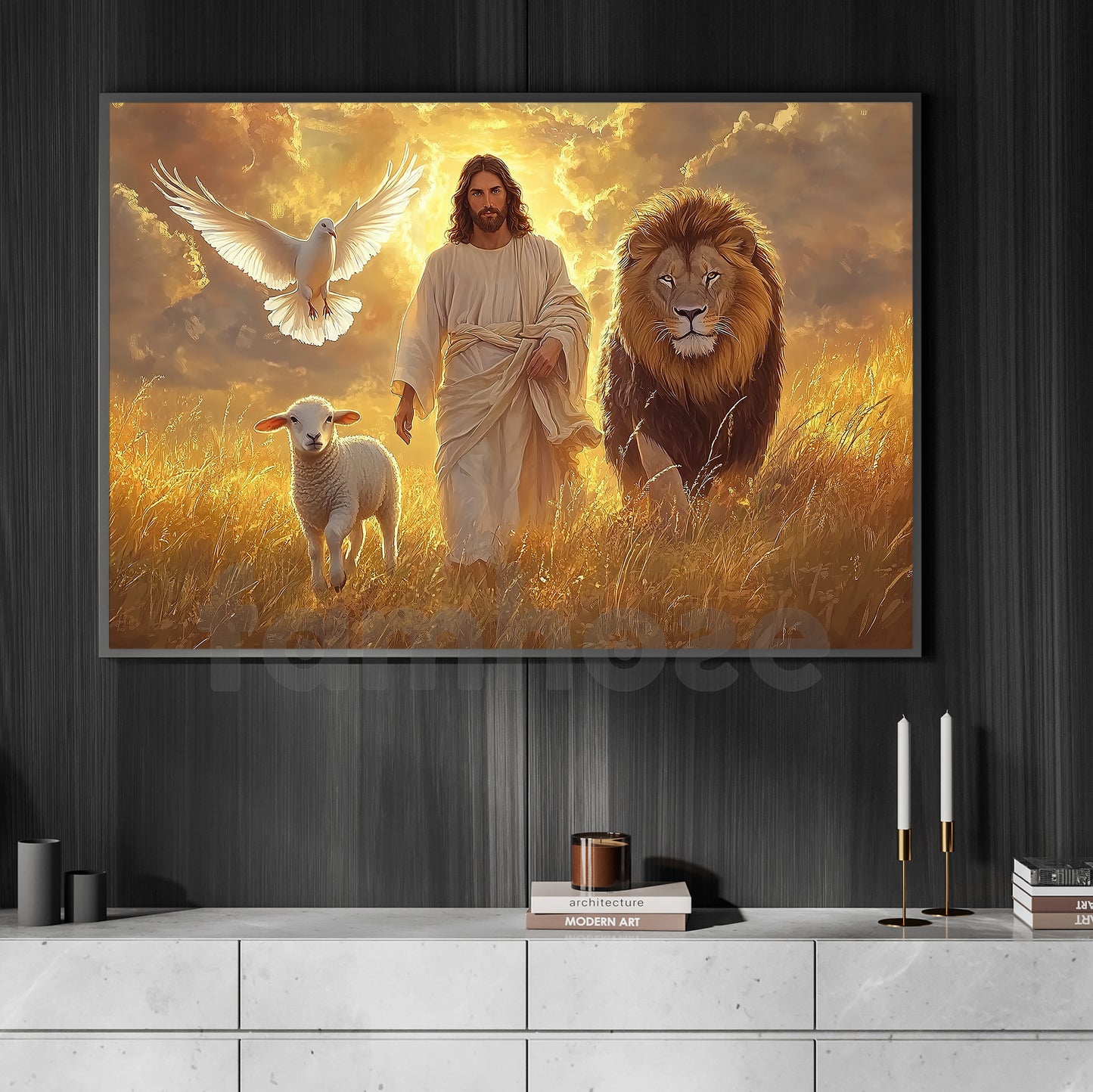 Jesus Canvas Painting, Walking In Divine Light With Lion Sheep & Bird Wall Art Decor, God Poster Gift For Christian