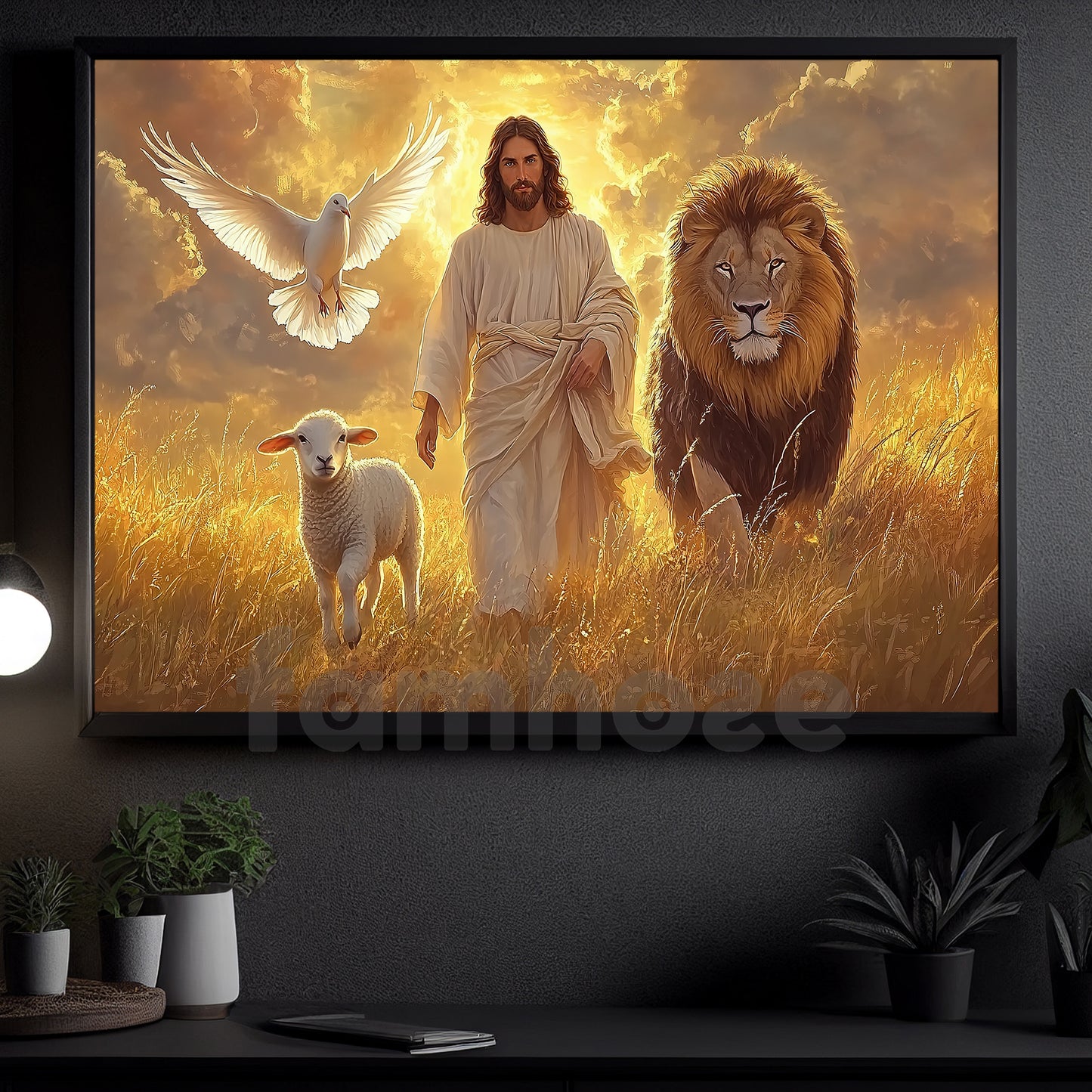 Jesus Canvas Painting, Walking In Divine Light With Lion Sheep & Bird Wall Art Decor, God Poster Gift For Christian