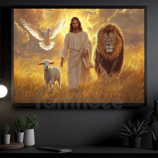 Jesus Canvas Painting, Walking In Divine Light With Lion Sheep & Bird Wall Art Decor, God Poster Gift For Christian