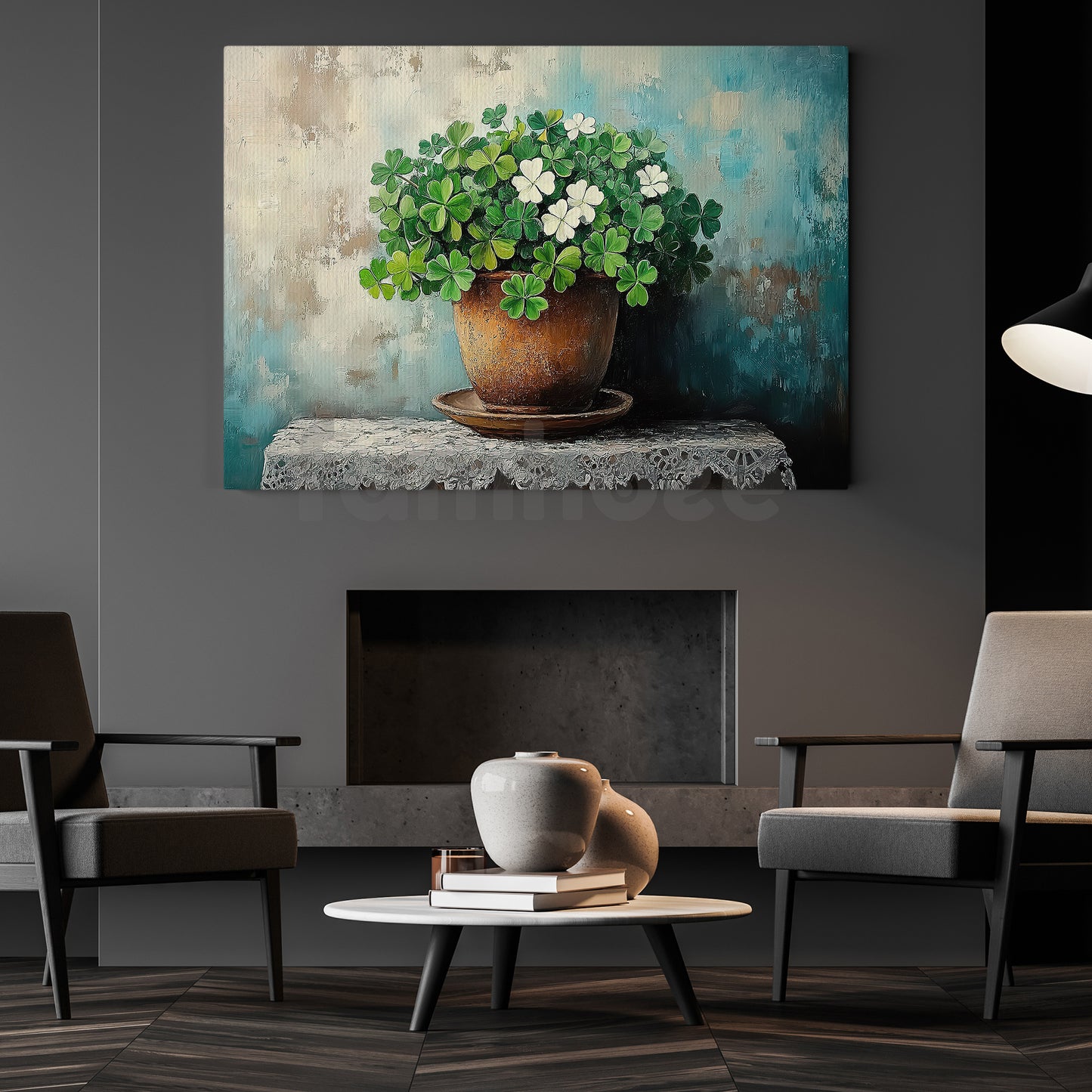 Four-Leaf Clover Canvas Painting, A Quiet Pot Of Luck Wall Art Decor, Shamrock Poster St Patrick's Day Gift For Irish Lover