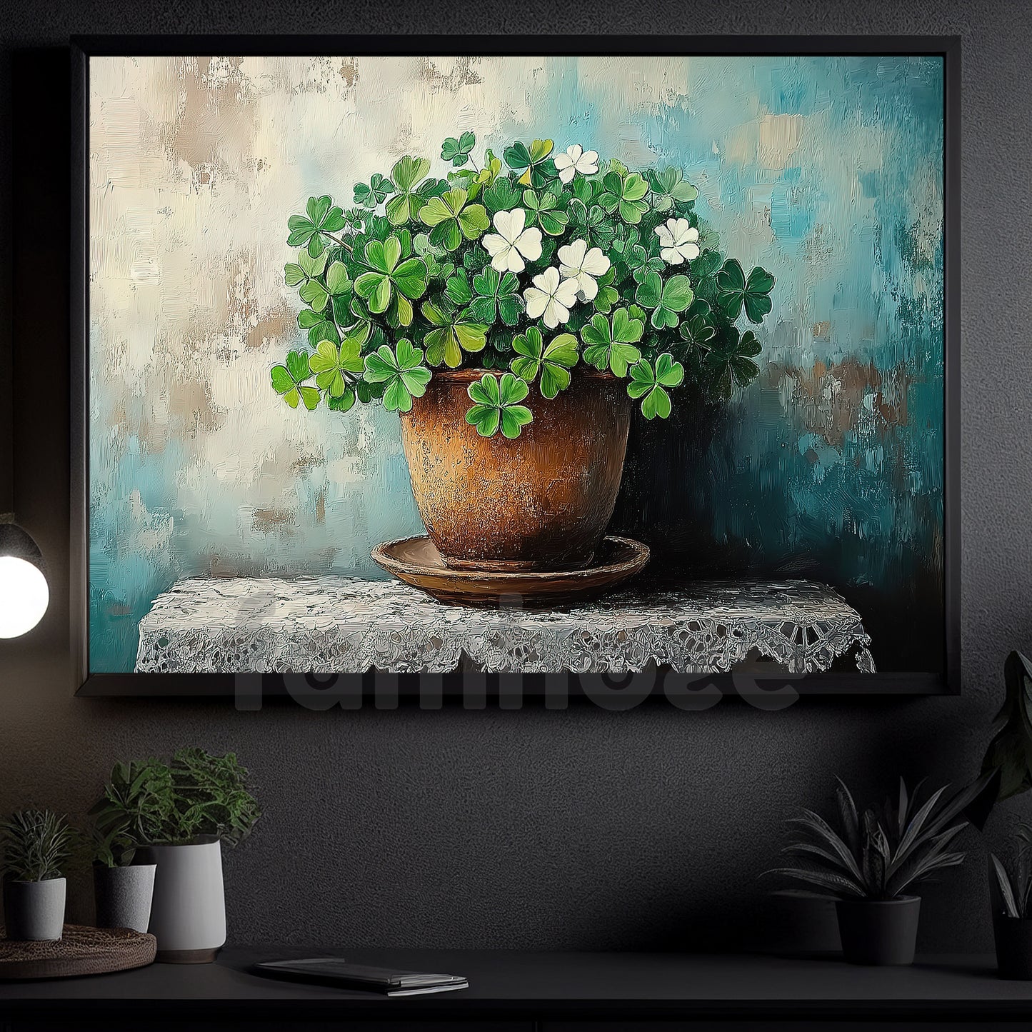 Four-Leaf Clover Canvas Painting, A Quiet Pot Of Luck Wall Art Decor, Shamrock Poster St Patrick's Day Gift For Irish Lover