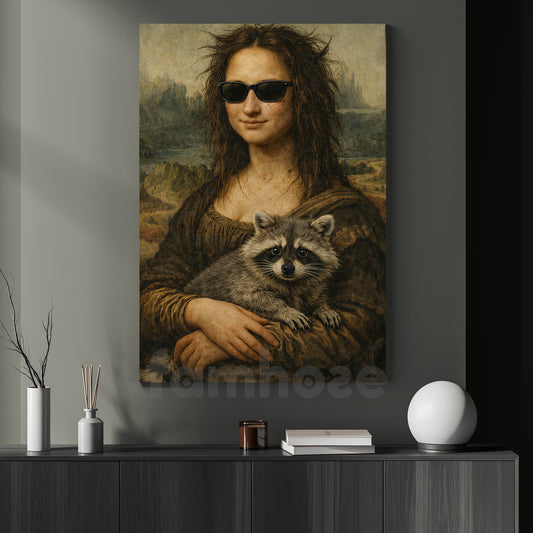 Funny Mona Lisa Canvas Painting, Mona Lisa With Raccoon Wall Art Decor, Poster Gift