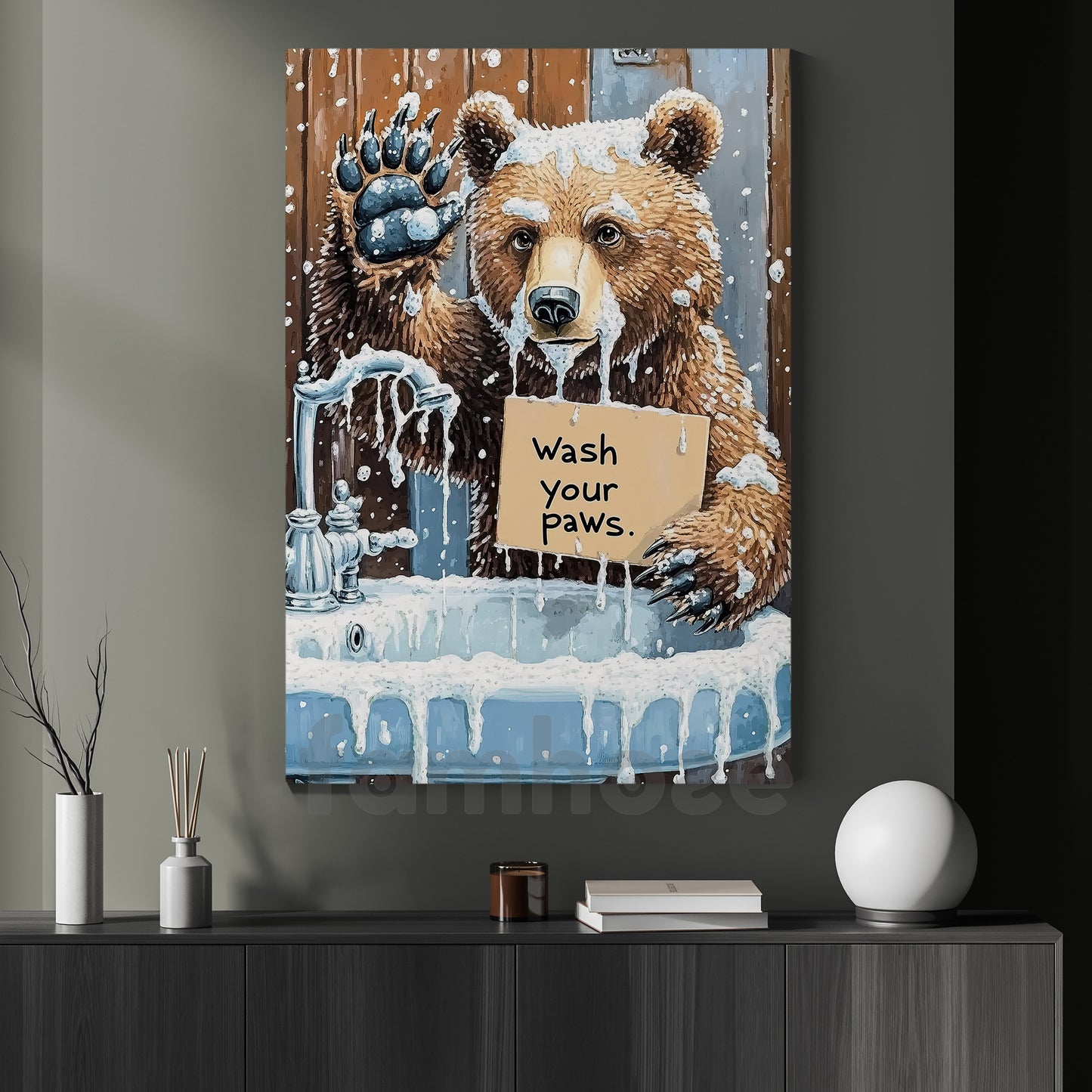 Cute Bear Toilet Canvas Painting, Wash Your Paws Bathroom Wall Art Decor, Restroom Poster Gift For Bear Lover
