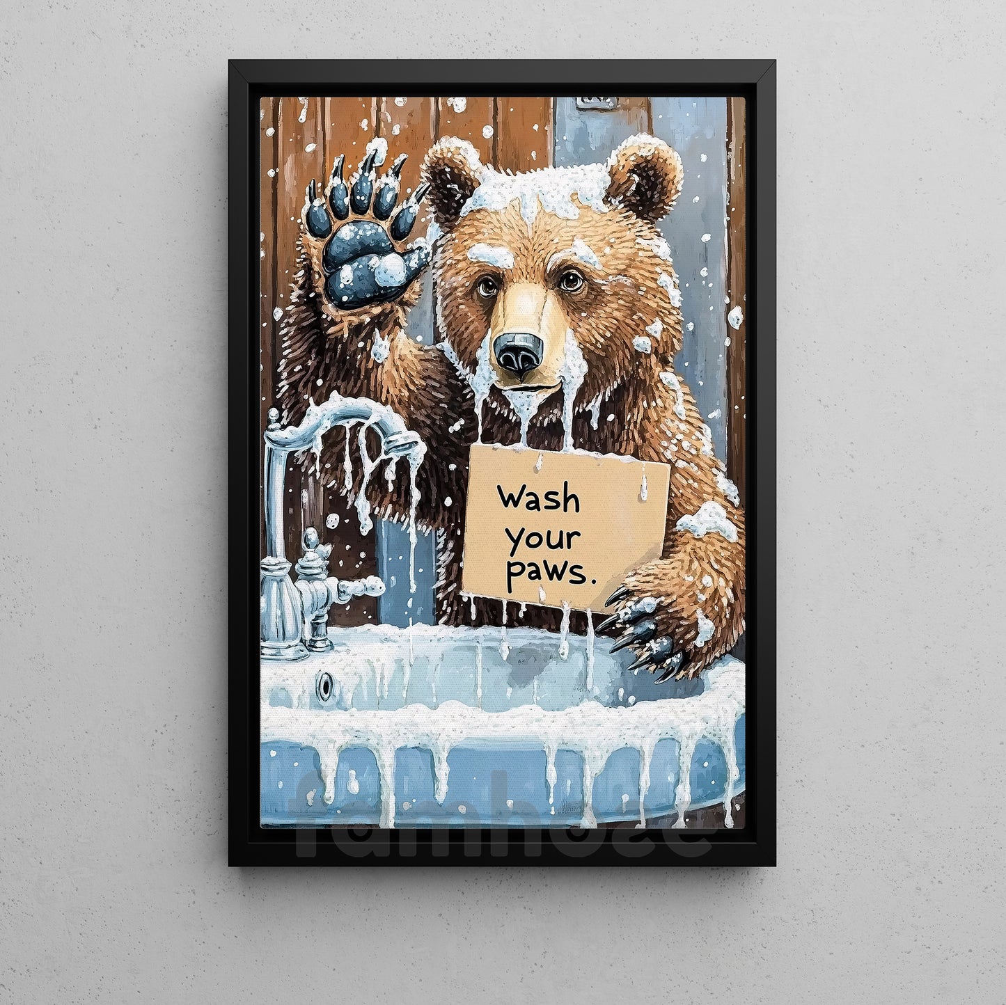 Cute Bear Toilet Canvas Painting, Wash Your Paws Bathroom Wall Art Decor, Restroom Poster Gift For Bear Lover