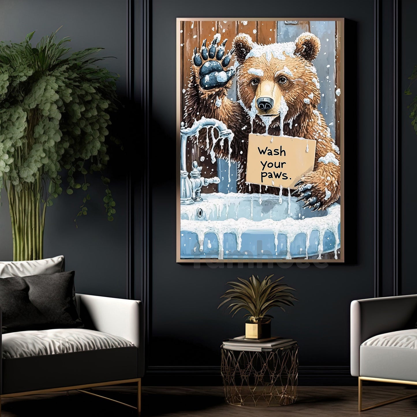 Cute Bear Toilet Canvas Painting, Wash Your Paws Bathroom Wall Art Decor, Restroom Poster Gift For Bear Lover