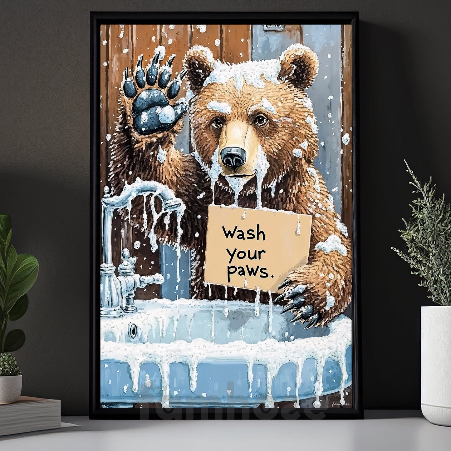 Cute Bear Toilet Canvas Painting, Wash Your Paws Bathroom Wall Art Decor, Restroom Poster Gift For Bear Lover
