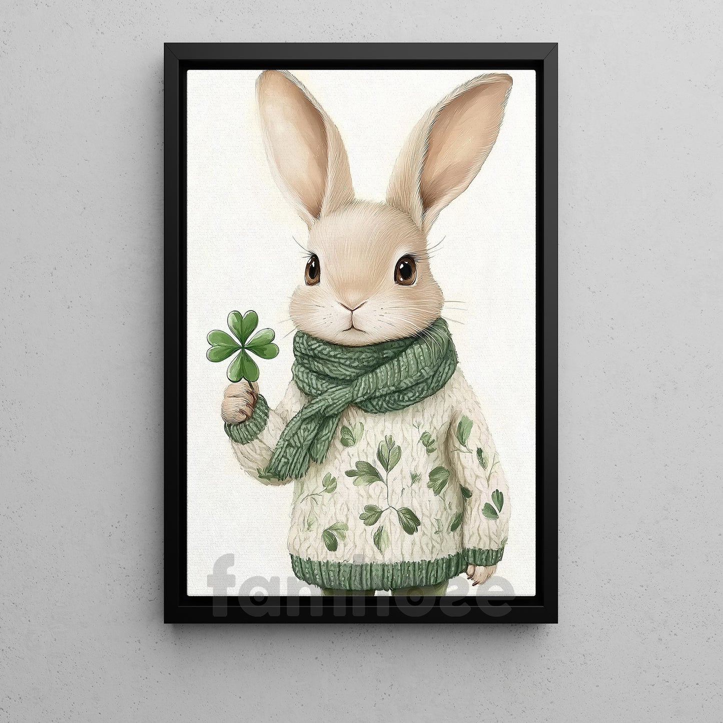 Four-Leaf Clover Canvas Painting, Lucky Little Bunny Holding A Clover Wall Art Decor, Poster St Patrick's Day Gift For Irish Lover