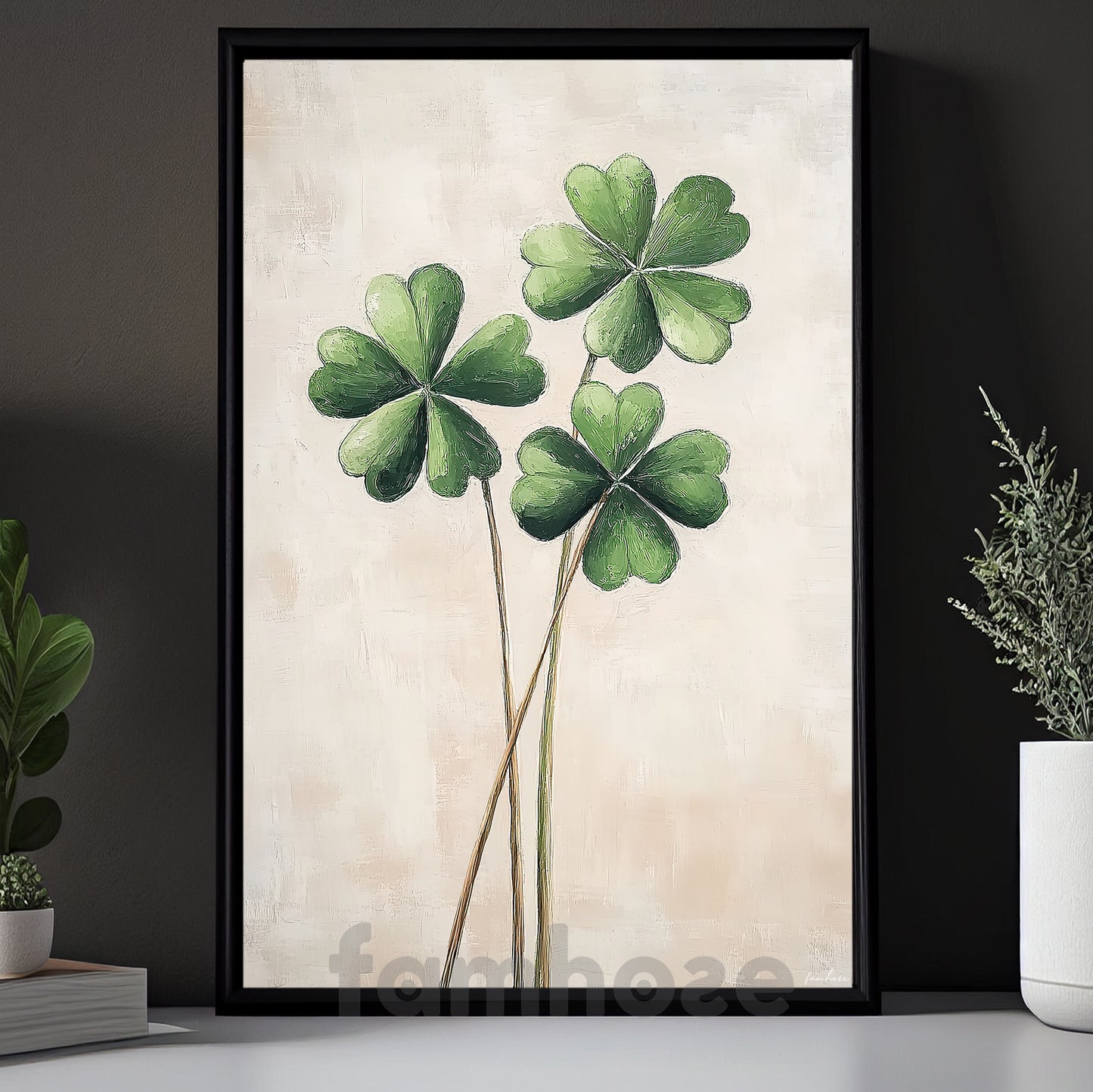 Four-Leaf Clover Canvas Painting, Three Stems Of Luck Wall Art Decor, Poster St Patrick's Day Gift For Irish Lover