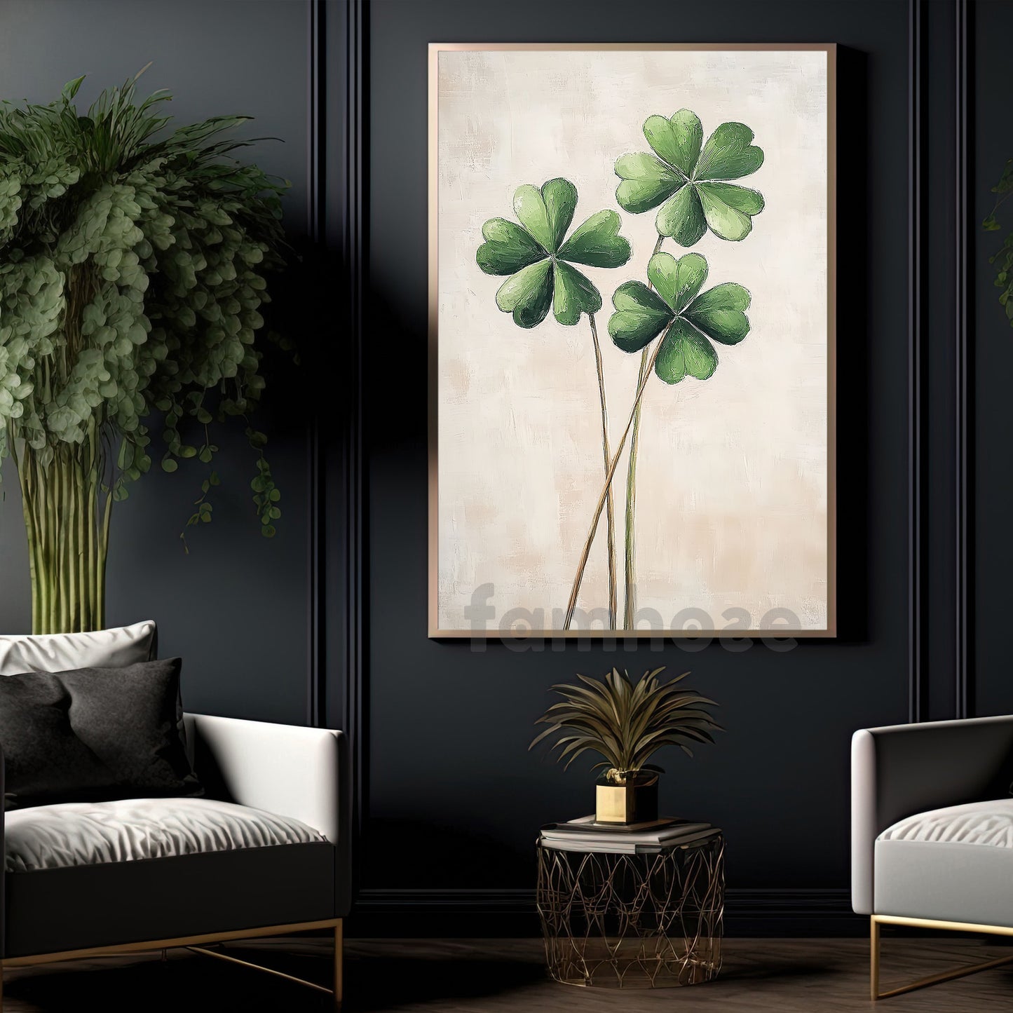 Four-Leaf Clover Canvas Painting, Three Stems Of Luck Wall Art Decor, Poster St Patrick's Day Gift For Irish Lover