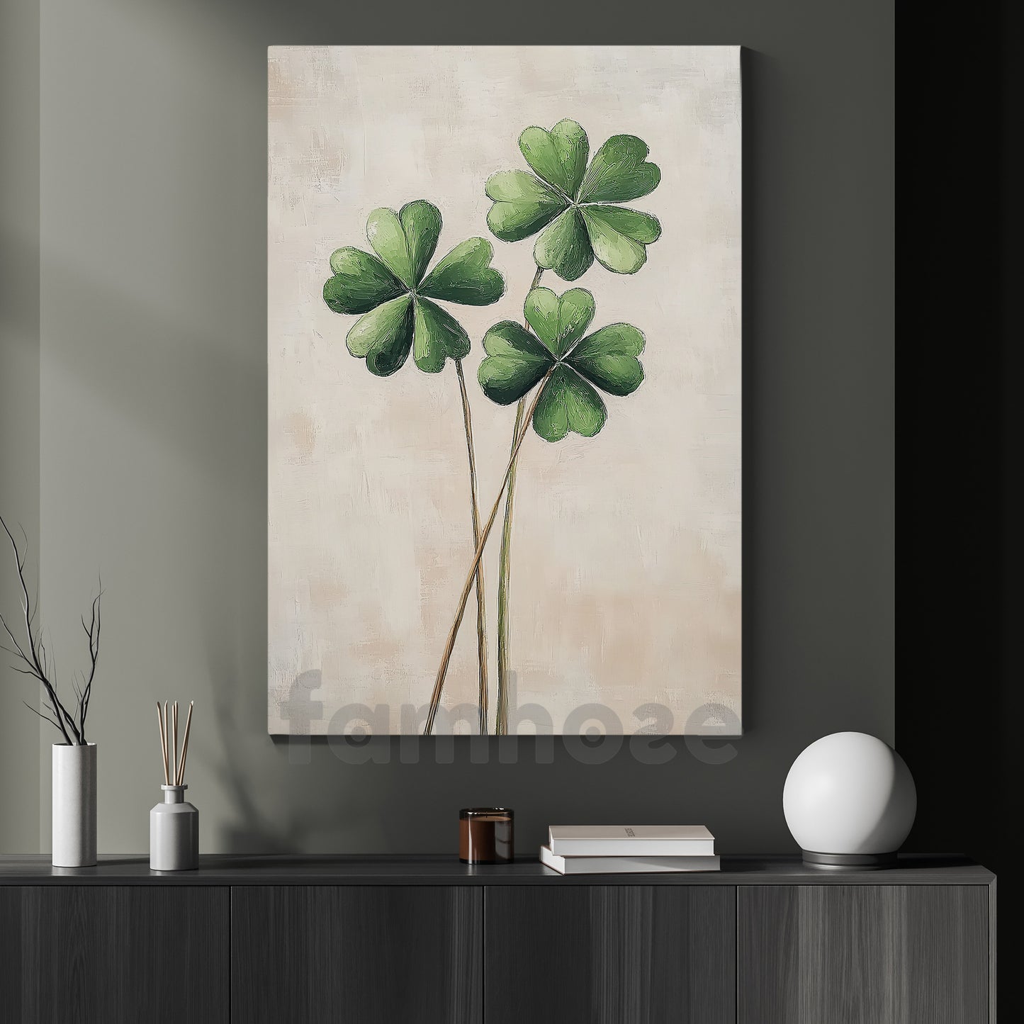Four-Leaf Clover Canvas Painting, Three Stems Of Luck Wall Art Decor, Poster St Patrick's Day Gift For Irish Lover