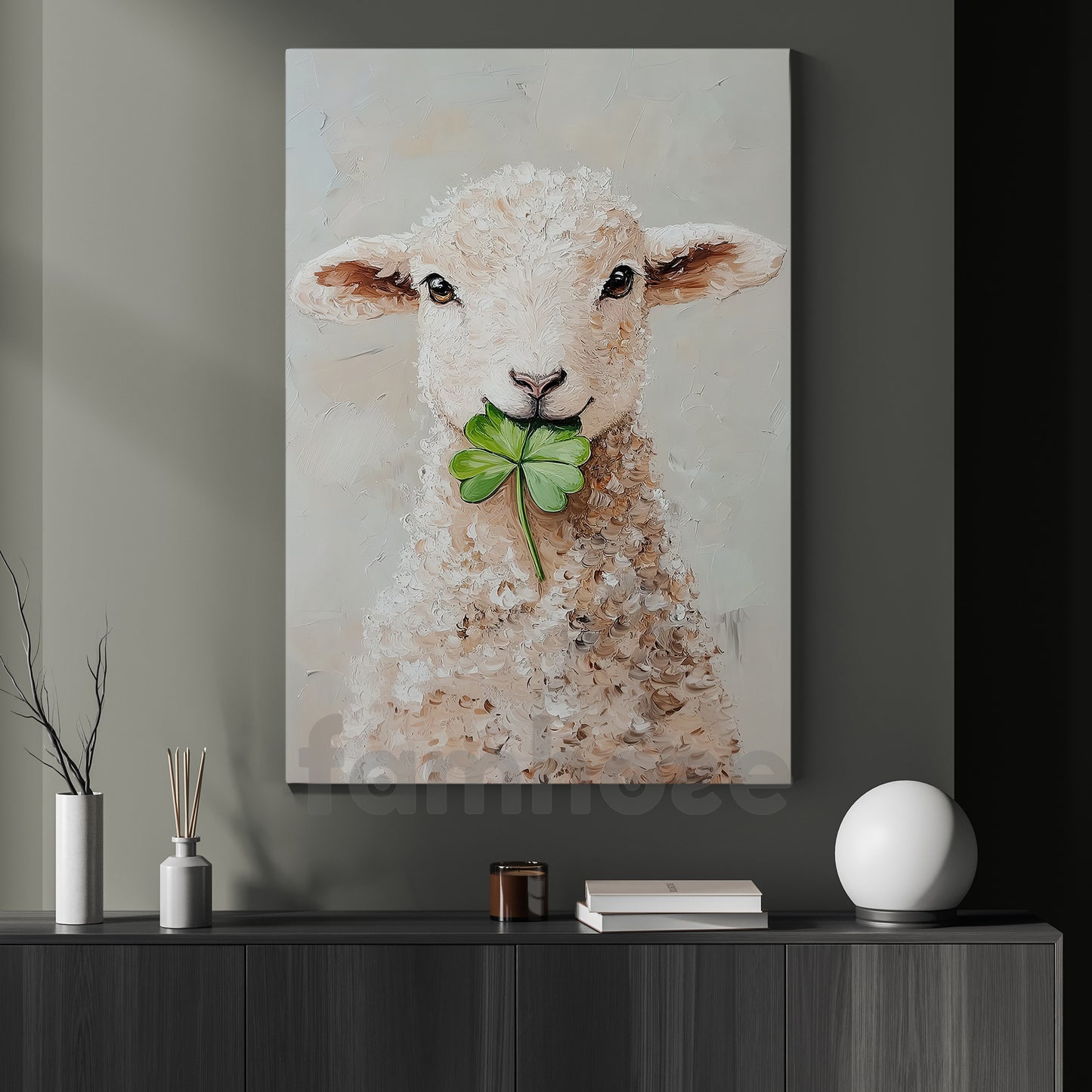 Four-Leaf Clover Sheep Canvas Painting, Fortune In Fleece Wall Art Decor, Shamrock Poster St Patrick's Day Gift For Irish Lover