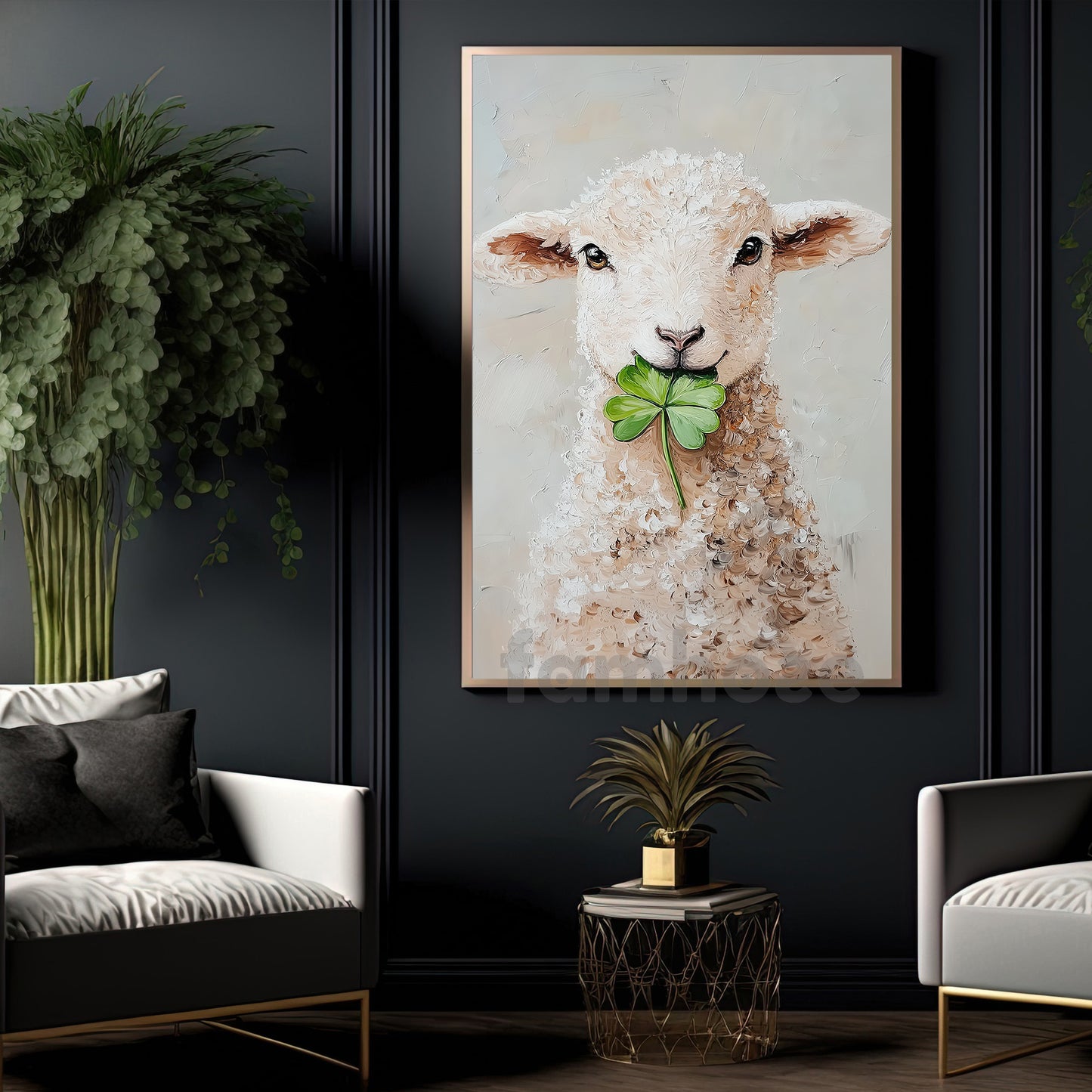 Four-Leaf Clover Sheep Canvas Painting, Fortune In Fleece Wall Art Decor, Shamrock Poster St Patrick's Day Gift For Irish Lover