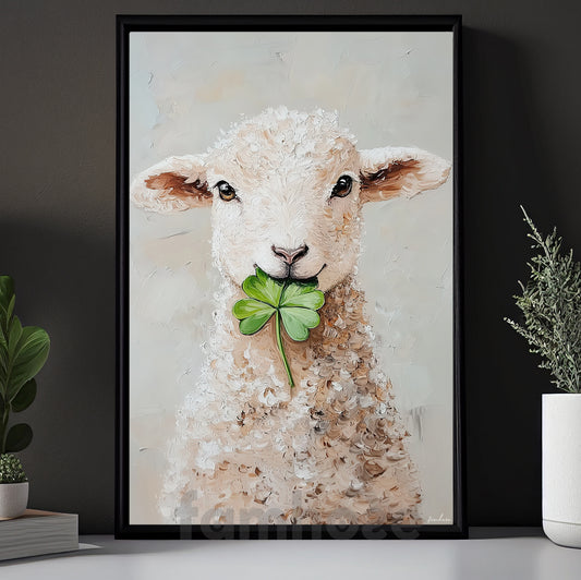 Four-Leaf Clover Sheep Canvas Painting, Fortune In Fleece Wall Art Decor, Shamrock Poster St Patrick's Day Gift For Irish Lover