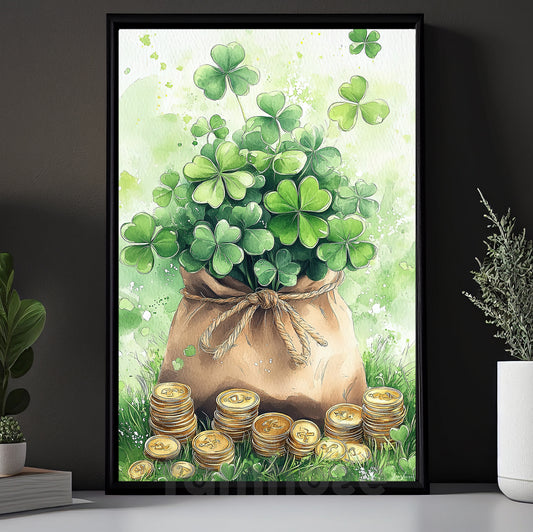 Four-Leaf Clover Canvas Painting, A Bag Full Of Luck Wall Art Decor, Shamrock Poster St Patrick's Day Gift For Irish Lover