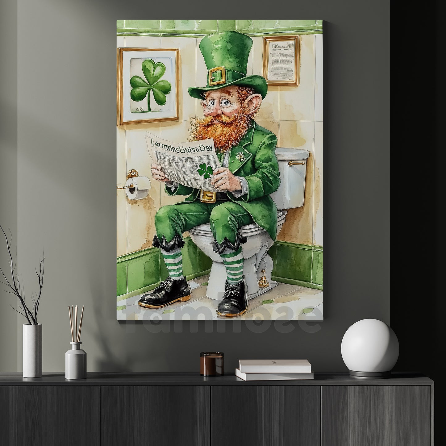 Funny Lucky Shamrock Leprechaun Toilet Canvas Painting, Irish Luck Takes A Break Bathroom Wall Art Decor, Restroom Poster St Patrick's Day Gift For Irish Lover