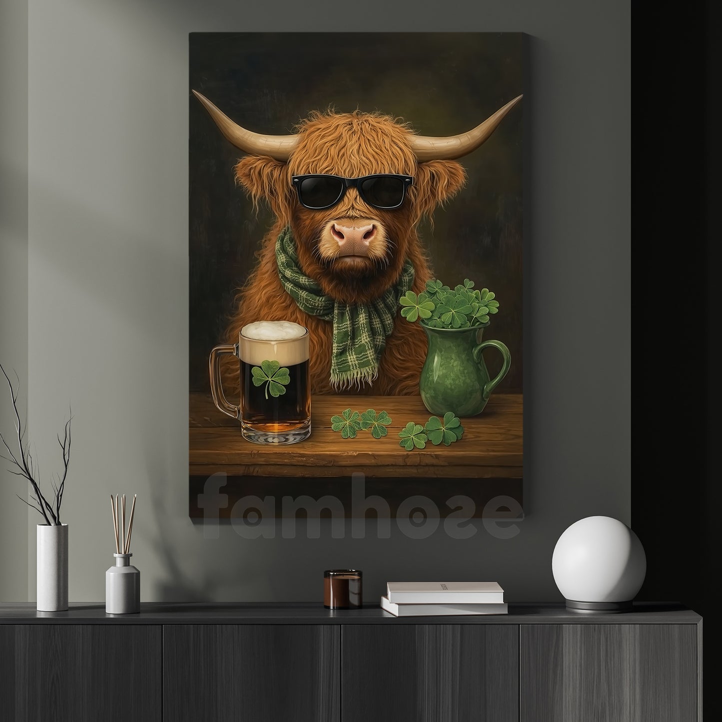 Four-Leaf Clover Highland Cow Canvas Painting, Too Cool For The Pasture Wall Art Decor, Shamrock Poster St Patrick's Day Gift For Irish Lover