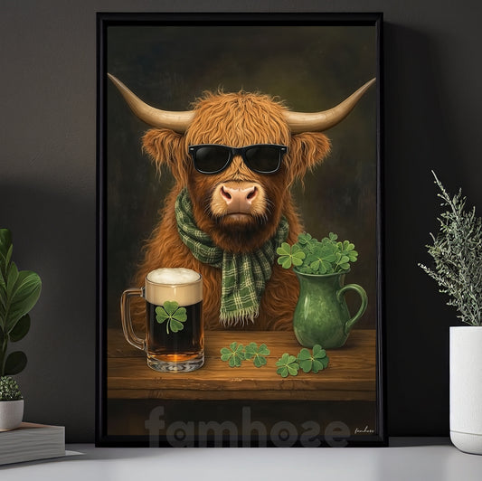 Four-Leaf Clover Highland Cow Canvas Painting, Too Cool For The Pasture Wall Art Decor, Shamrock Poster St Patrick's Day Gift For Irish Lover