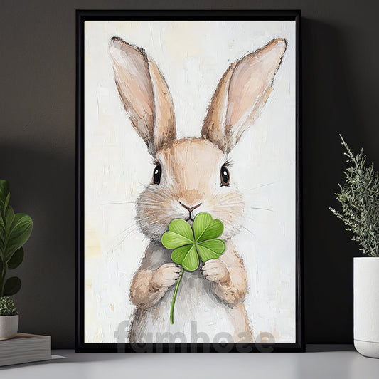Four-Leaf Clover Rabbit Canvas Painting, A Bunny’s Wish Of Good Fortune Wall Art Decor, Shamrock Poster St Patrick's Day Gift For Irish Lover