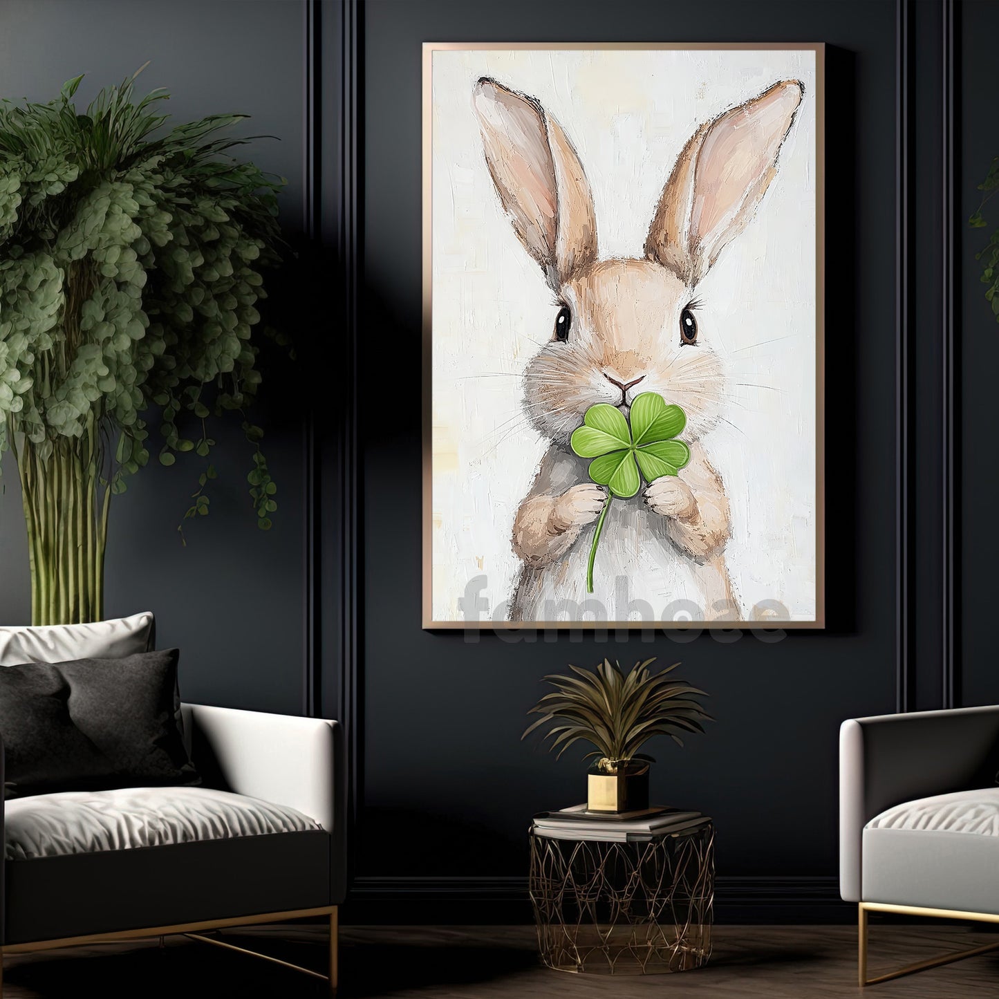 Four-Leaf Clover Rabbit Canvas Painting, A Bunny’s Wish Of Good Fortune Wall Art Decor, Shamrock Poster St Patrick's Day Gift For Irish Lover