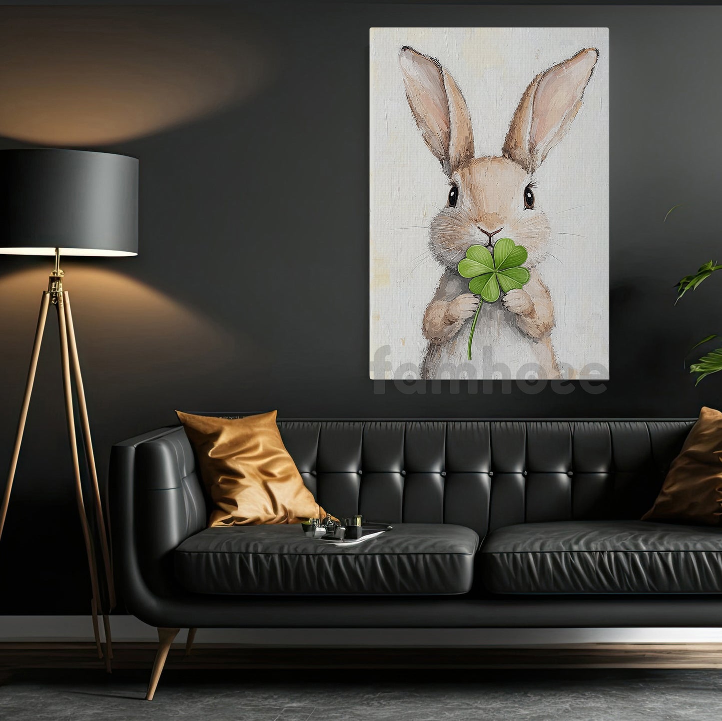 Four-Leaf Clover Rabbit Canvas Painting, A Bunny’s Wish Of Good Fortune Wall Art Decor, Shamrock Poster St Patrick's Day Gift For Irish Lover