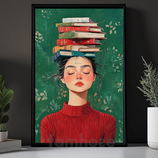 Reading Girl Canvas Painting, Dreamy Girl With Books Wall Art Decor, Poster Gift For Book Lover