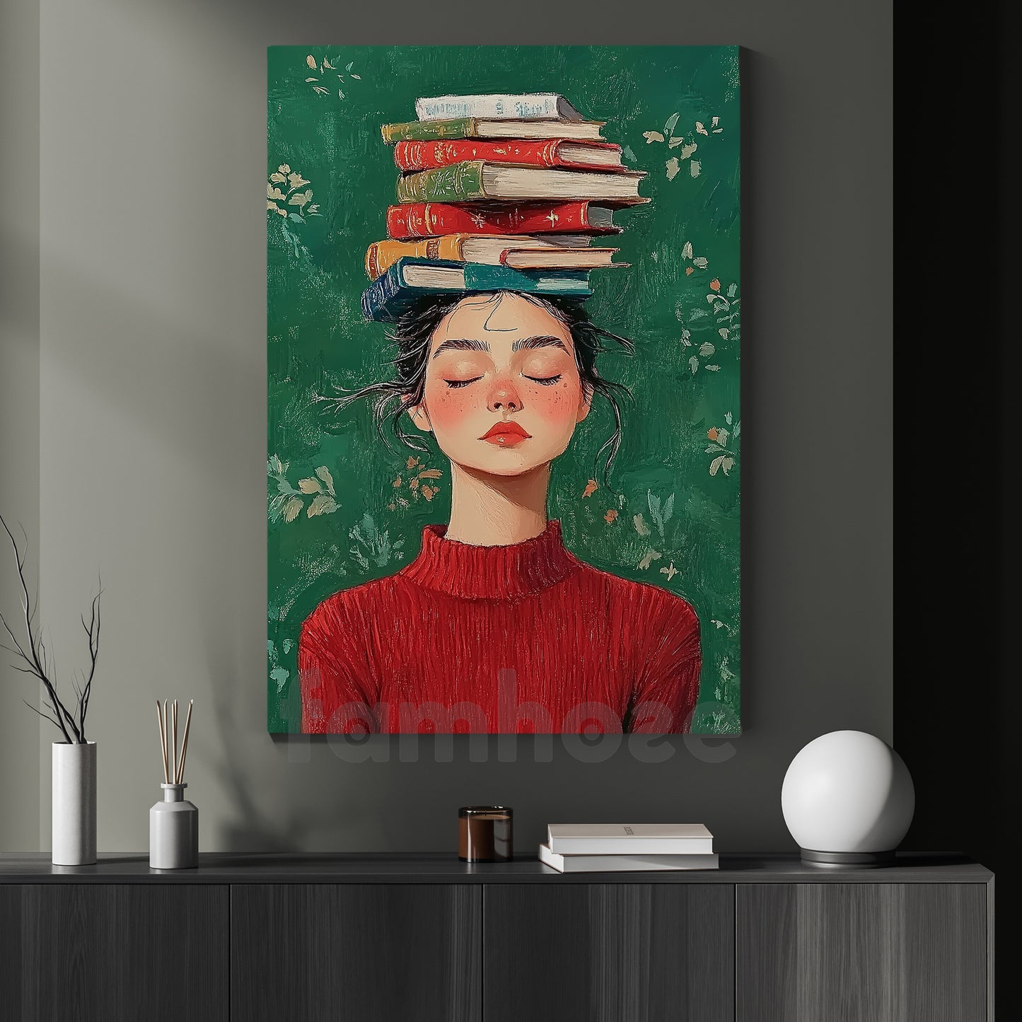 Reading Girl Canvas Painting, Dreamy Girl With Books Wall Art Decor, Poster Gift For Book Lover