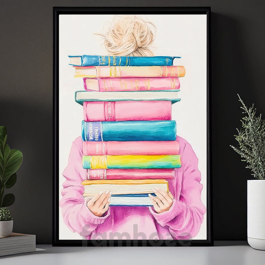Book Canvas Painting, Colorful Book Stack Girl Wall Art Decor, Poster Gift For Reading Lover