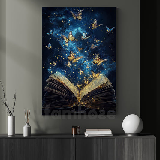 Book Canvas Painting, Dreamy Butterfly Book Wall Art Decor, Poster Gift For Reading Lovers